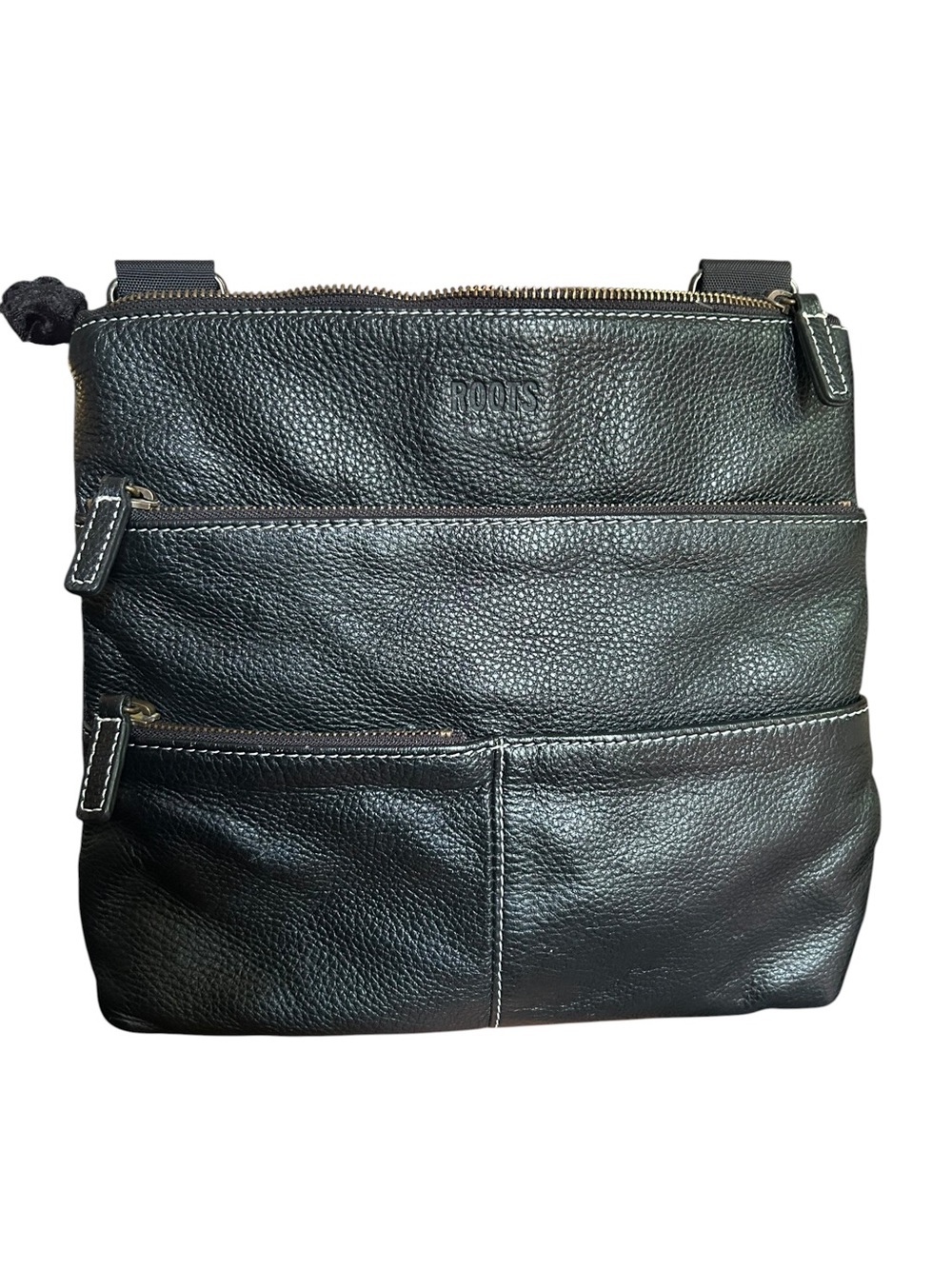 ROOTS Canada Black Pebbled Leather Crossbody Multi-Pocket Messenger Bag - Picture 2 of 13
